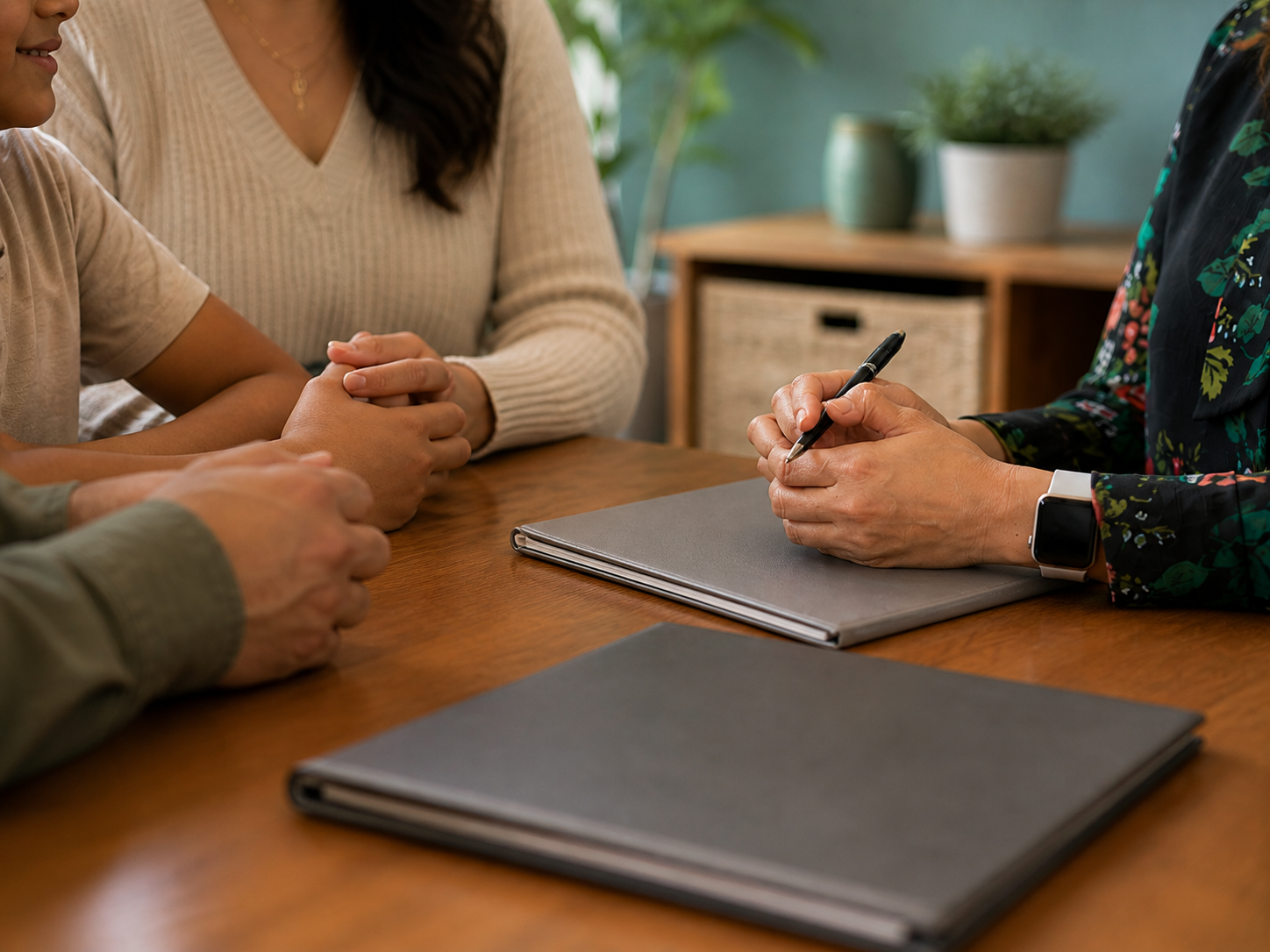 Clinician holding a pen during a family consultation at an office table.