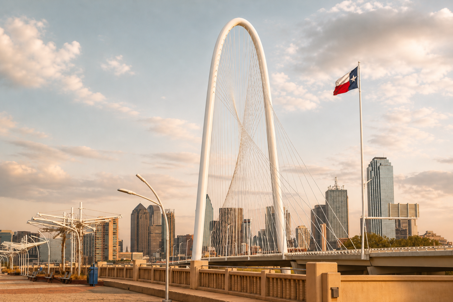 Dallas skyline and Margaret Hunt Hill Bridge in warm sunlight.