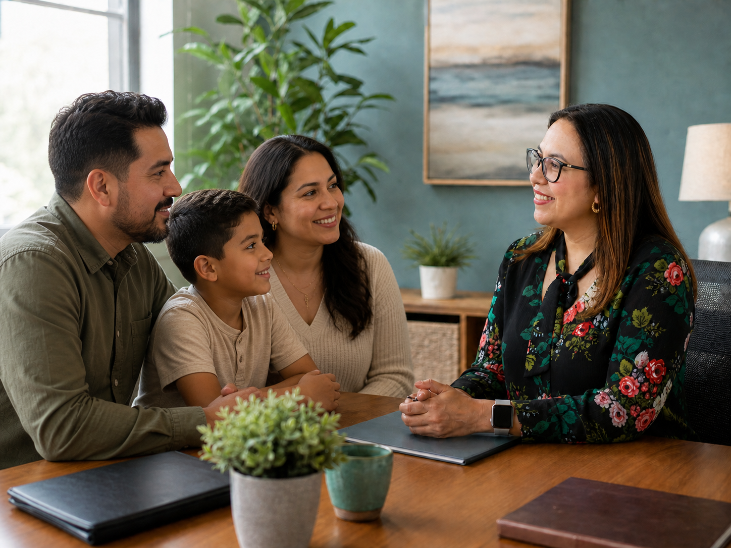 Clinician meeting with a family in a calm office setting.