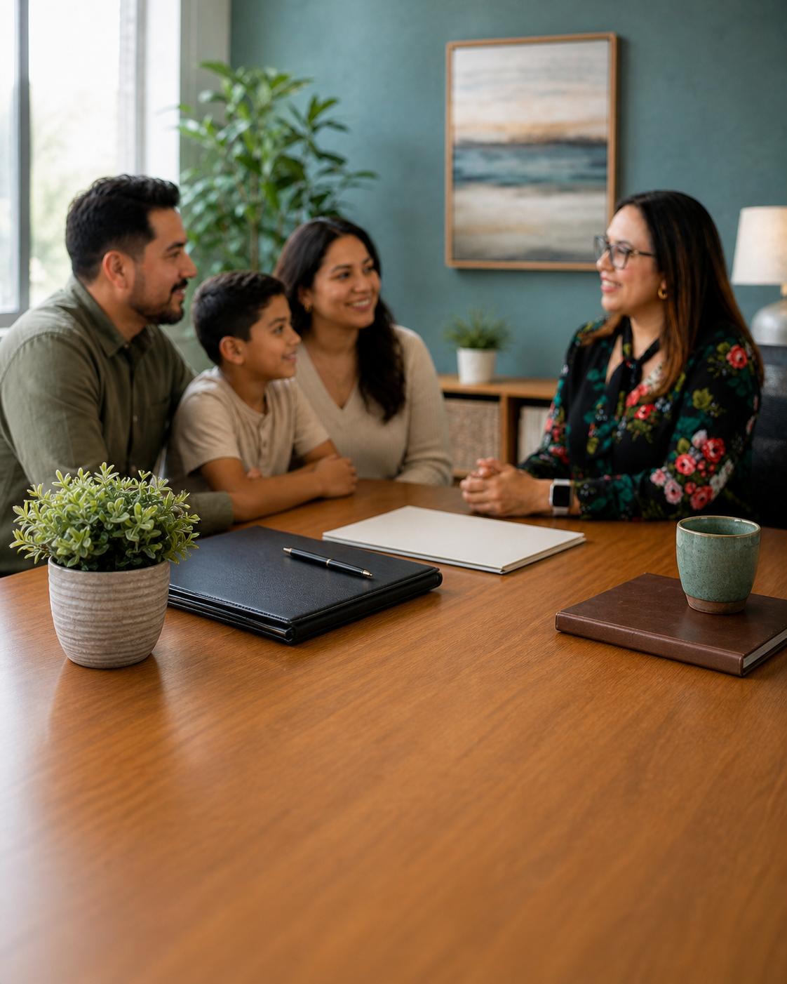 Clinician greeting a family in a warm office.