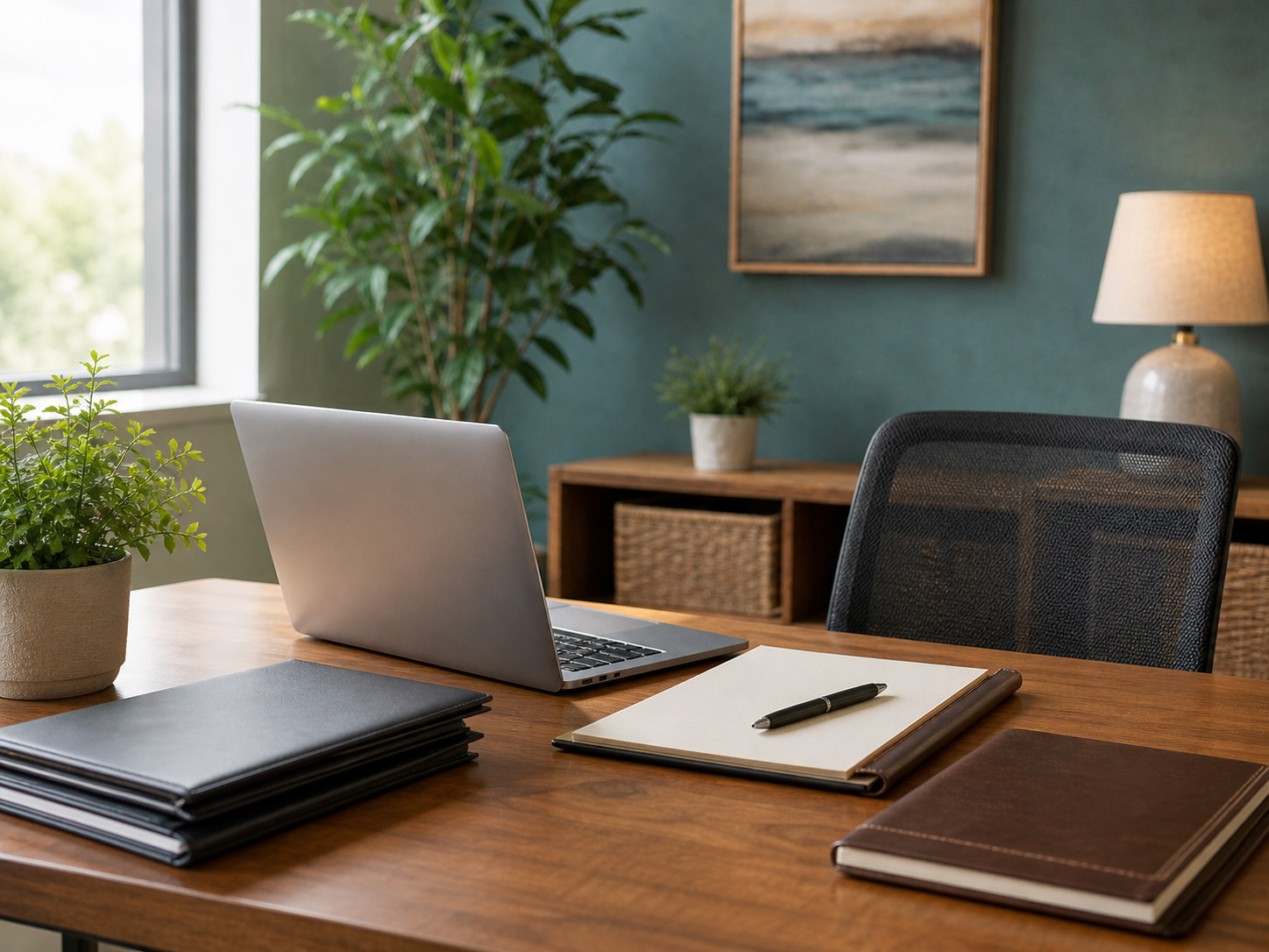 Laptop, folders, and notebook arranged on a warm office desk.