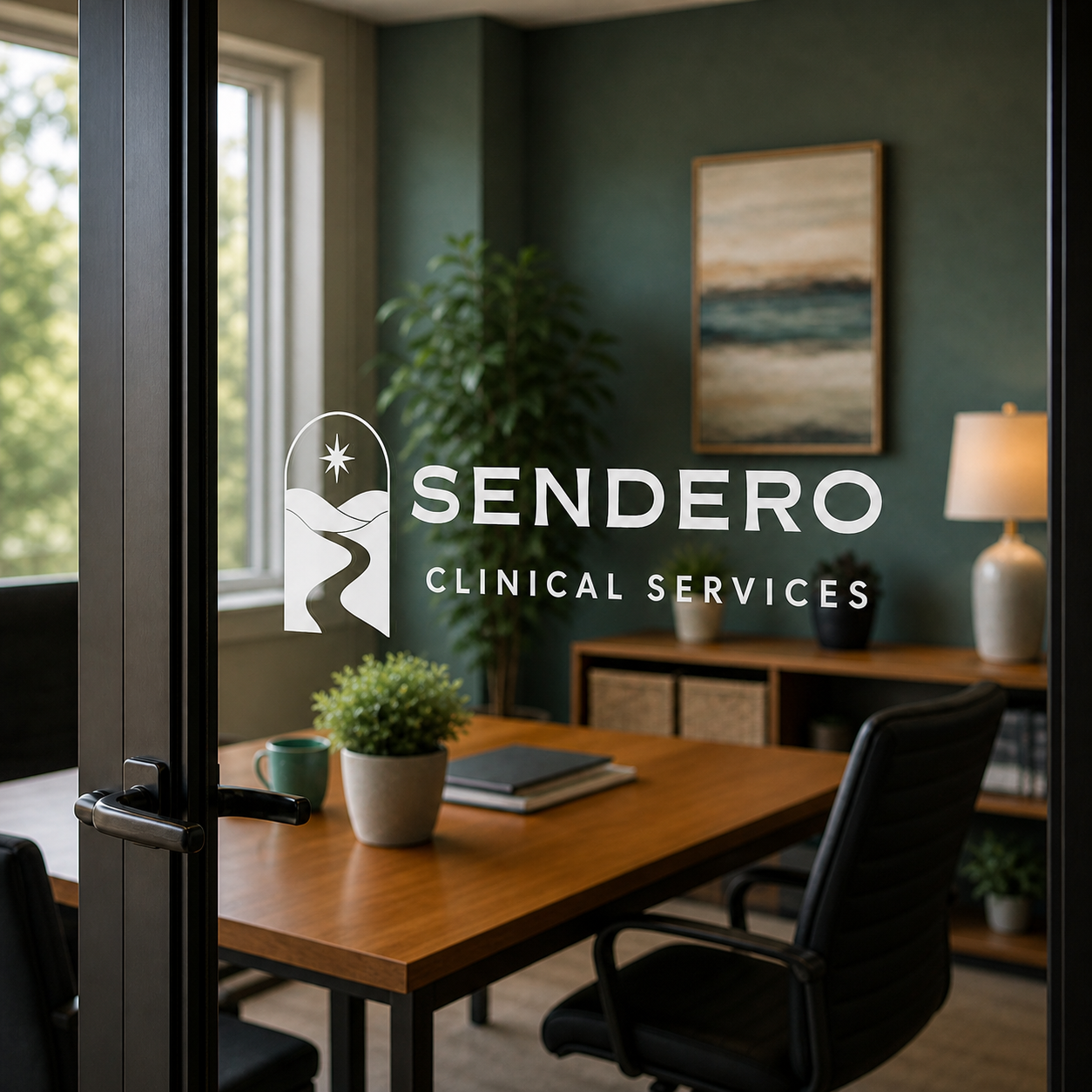 Sendero Clinical Services logo on a glass office door.