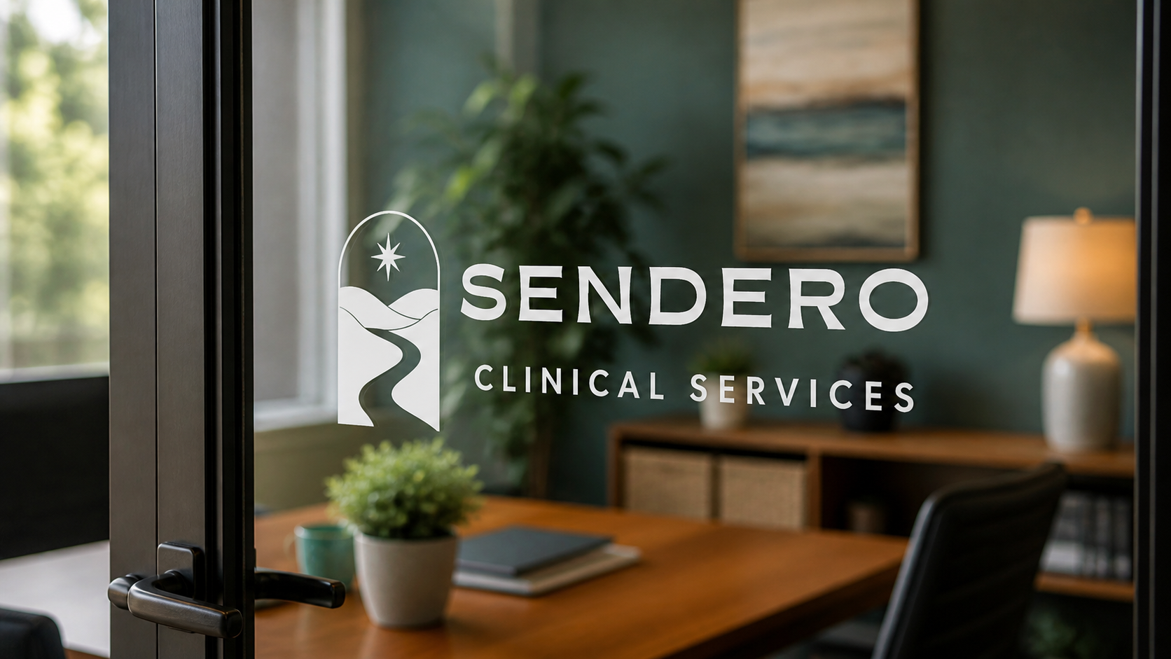 Sendero Clinical Services logo on a glass office door.